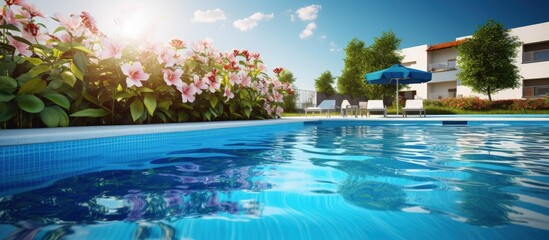 Outdoor relaxation spot featuring a summer swimming pool surrounded by flowers near a residential building.