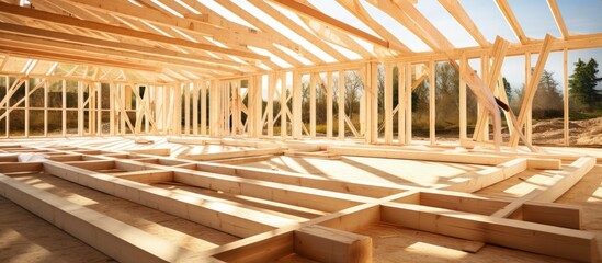 New white brick house with wooden joists for attic floor. - obrazy, fototapety, plakaty