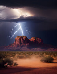 Nature's Fury: Dramatic Thunderstorm in Rugged Desert Landscape - Ultra High Quality, Surreal Imagery