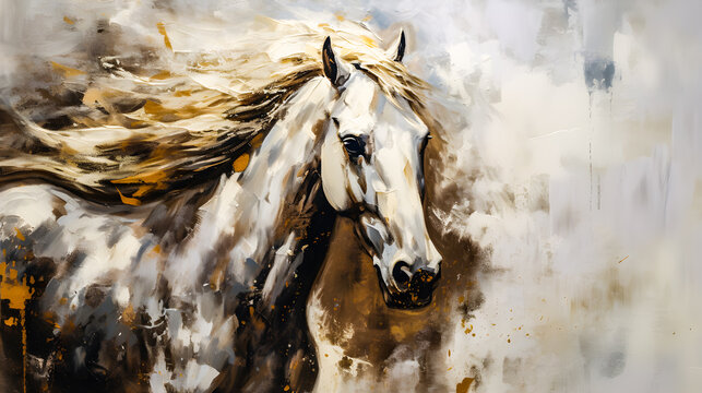 An oil painting of a white wild horse that looks graceful in white