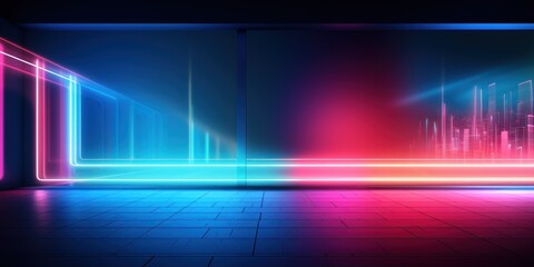 Obraz premium In a dark empty room, a window with neon reflections and an abstract city. AI Generation 