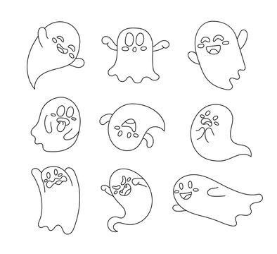 Funny happy ghosts. Coloring Page. Flying phantoms. Halloween scary monsters. Cute cartoon spooky characters. Vector drawing. Collection of design elements.