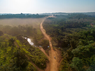 Drone shot of the famous earth road Transamazonica towards Santarém in dry season through the...