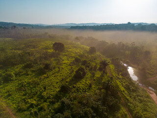 Drone shot of the famous earth road Transamazonica towards Santarém in dry season through the...