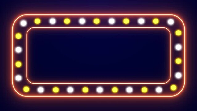 billboard with neon lights and retro vintage round lights flashing and rotating neon advertising signboard animation colors green purple orange blue and pink squares