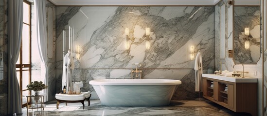 Opulent, marble-clad bathroom interior design.