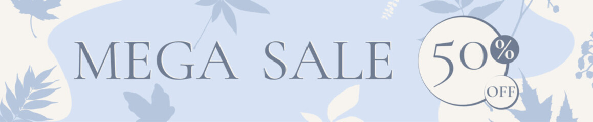 Modern sale banner background template with leaves, mega sale 50% off