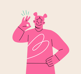 Woman is giving an ok sign. Colorful vector illustration