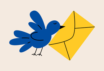 A bird carries an envelope. Messaging, sending letters, contact, or sharing information concept. Colorful vector illustration