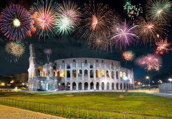 Fireworks display at Colosseum in Rome, Italy