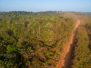 Drone shot of the famous earth road Transamazonica towards Santarém in dry season through the...