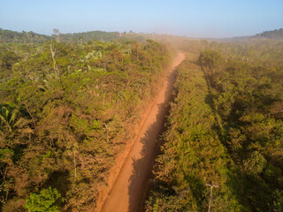 Drone shot of the famous earth road Transamazonica towards Santarém in dry season through the...