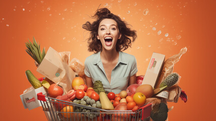An Excited and happy girl dark haired shopper inside sephora store front view. Young woman sits on a grocery cart full of groceries, fruits and vegetables. Photo realistic on pastel orange background
