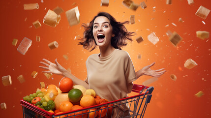 An Excited and happy girl dark haired shopper inside sephora store front view. Young woman sits on a grocery cart full of groceries, fruits and vegetables. Photo realistic on pastel orange background