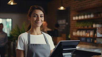 A Portrait of young asian female cashier, merchant uses touchpad to accept customer payments, small business cafe cafeteria, atmospheric shot of cashier working in store - obrazy, fototapety, plakaty