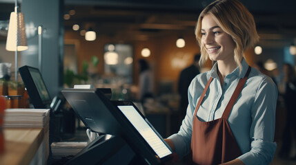 A Portrait of young asian female cashier, merchant uses touchpad to accept customer payments, small business cafe cafeteria, atmospheric shot of cashier working in store
