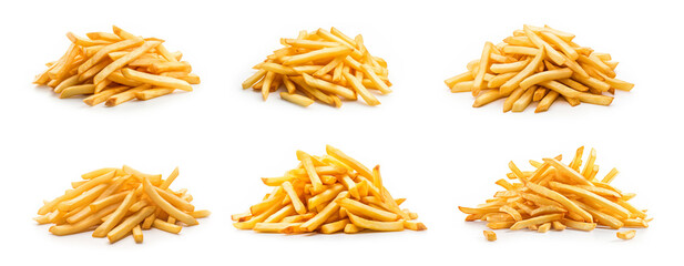 A set of French fries or potato chips isolated on white background. - obrazy, fototapety, plakaty