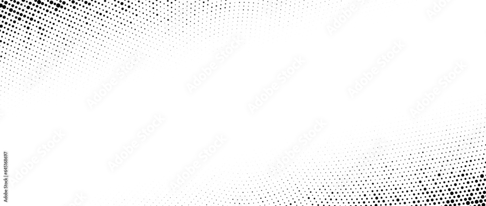 Poster Faded radial halftone corner texture. Dotted gradient pattern background. Abstract curved pop art wallpaper. Vanishing spotted design backdrop for print, banner, poster, flyer, cover. Vector