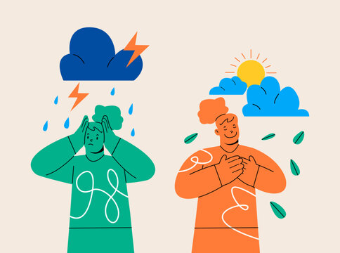 Woman in bad and good mood. Girl in stress of premenstrual syndrome and calm state of mind. Colorful vector illustration