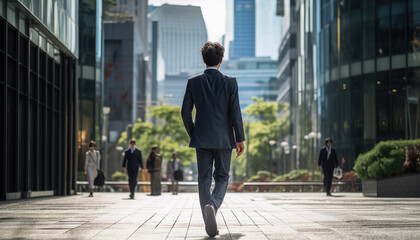 スーツを着ているアジア人が、昼間のビジネス街を颯爽と歩いている後ろ姿　全身が映っている - obrazy, fototapety, plakaty