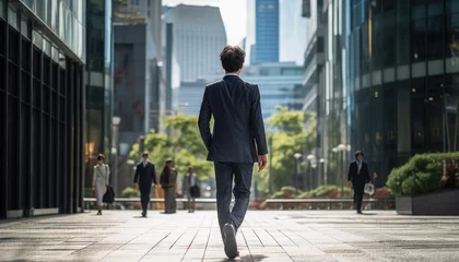 Foto op Plexiglas スーツを着ているアジア人が、昼間のビジネス街を颯爽と歩いている後ろ姿　全身が映っている © March