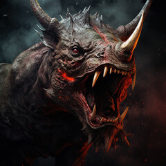Image of an angry demon rhinoceros terrifying with flames and smoke on dark background. Wildlife Animals. Illustration, Generative AI.