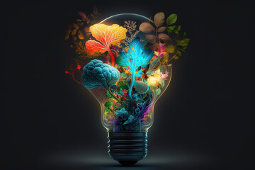 Image of flowers and leaves and colorful abstract light bulb. Illustration, Generative AI.