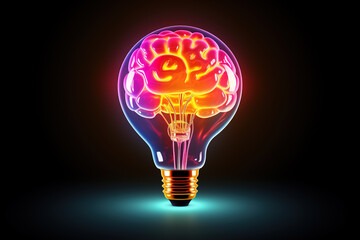 Image of human brain inside colorful abstract light bulb. Illustration, Generative AI.