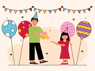 Happy people celebrating birthday party. Flat birthday party vector illustration. Birthday party celebration