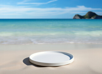 Fototapeta na wymiar White round podium on the beach with blue sea and island in the background. High quality photo