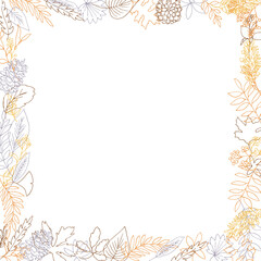 線画。秋の植物のベクターイラスト。秋の葉っぱと木の実イラスト。季節のカードデザイン。Line drawing. Autumn plants vector illustration. Autumn leaves and nuts illustration. Seasonal card design.