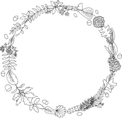 線画。秋の植物のベクターイラスト。秋の葉っぱと木の実イラスト。季節のカードデザイン。Line drawing. Autumn plants vector illustration. Autumn leaves and nuts illustration. Seasonal card design.