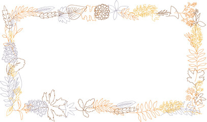 線画。秋の植物のベクターイラスト。秋の葉っぱと木の実イラスト。季節のカードデザイン。Line drawing. Autumn plants vector illustration. Autumn leaves and nuts illustration. Seasonal card design.