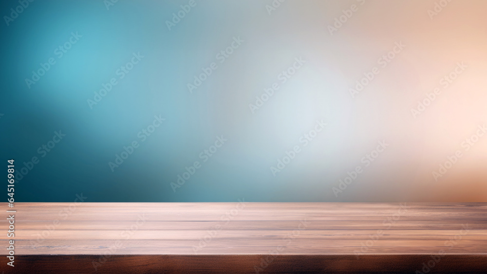 Poster empty wooden table over blurred blue and orange gradient background, can be used for product display