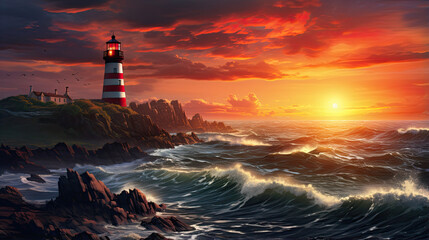 Lighthouse at sunset on the coast.