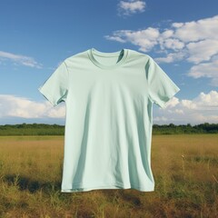 Green T Shirt Mockup floating on sky. Generative AI