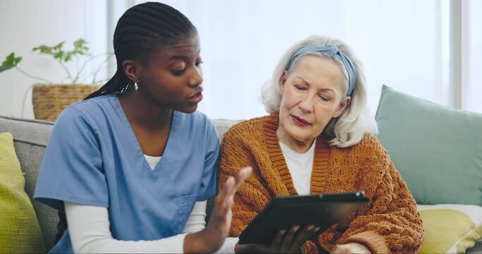 Nurse, senior woman and tablet for home, retirement planning and social media services or streaming app. Professional doctor, caregiver and elderly patient on sofa with digital technology or internet