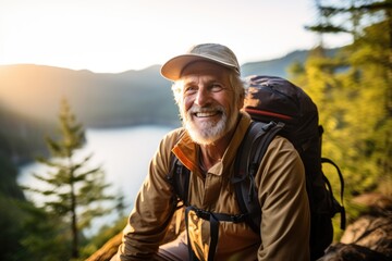 Fototapeta premium Smiling portrait of a happy senior man hiker hiking in the forests and mountains