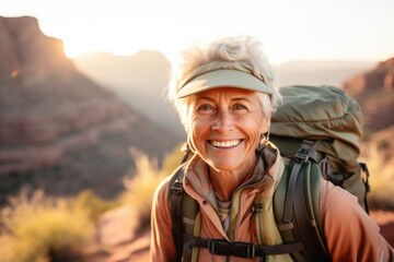 Smiling portrait of a happy senior woman hiker hiking in the forest and mountains