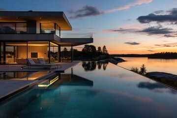 Fototapeta premium Modern luxury house or villa with an infinity pool overlooking a beatiful view of the ocean and sky