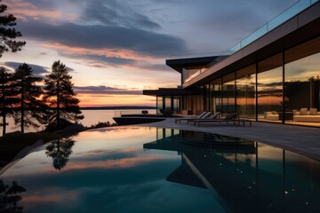 Modern luxury house or villa with an infinity pool overlooking a beatiful view of the ocean and sky