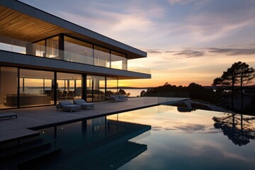 Modern luxury house or villa with an infinity pool overlooking a beatiful view of the ocean and sky