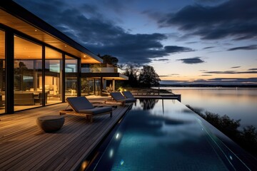 Modern luxury house or villa with an infinity pool overlooking a beatiful view of the ocean and sky