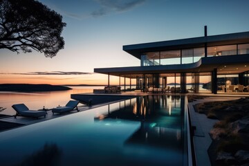 Fototapeta premium Modern luxury house or villa with an infinity pool overlooking a beatiful view of the ocean and sky