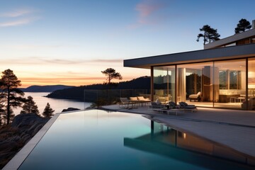 Modern luxury house or villa with an infinity pool overlooking a beatiful view of the ocean and sky - obrazy, fototapety, plakaty