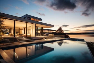 Fototapeta premium Modern luxury house or villa with an infinity pool overlooking a beatiful view of the ocean and sky