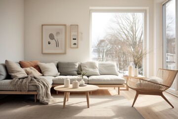 Cozy living room in a modern nordic designed home with plenty of natural light