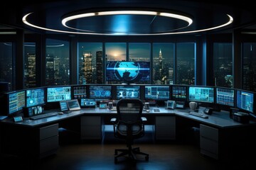 Naklejka premium Financial Data Analysts. Monitoring Room with Finance Specialists Sit in Front of Computers. Generative AI