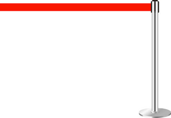 Realistic retractable belt stanchion. Crowd control barrier posts with caution strap. Queue lines. Restriction border and danger tape.