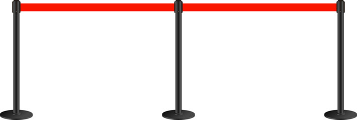 Realistic retractable belt stanchion. Crowd control barrier posts with caution strap. Queue lines. Restriction border and danger tape.